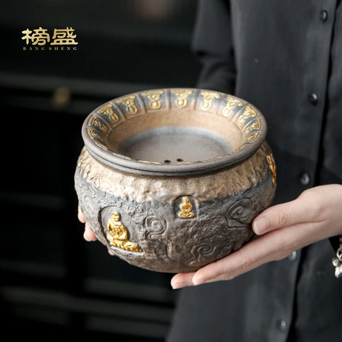 老岩泥敦煌茶渣缸茶洗建水手作复古粗陶茶盂水盂高档茶具茶道零配