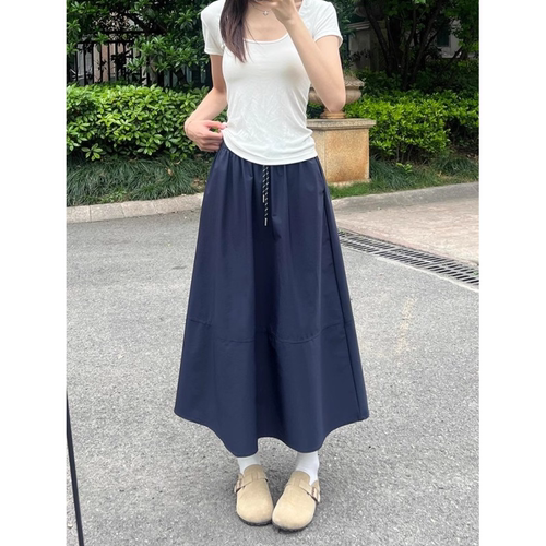 藏青色半身裙女春夏薄款a字裙大码胖mm梨型身材高腰显瘦工装伞裙