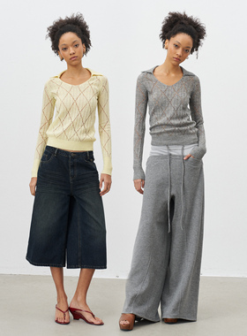 GROWN NOTOLD 双色针织镂空提花长袖