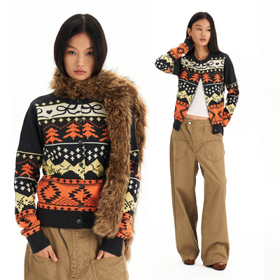 费尔岛提花圆领针织开衫毛衣