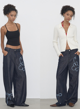 GROWN NOTOLD 手绘花朵原牛直筒宽松廓形牛仔长裤