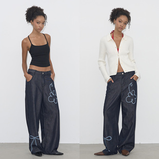 GROWN NOTOLD 手绘花朵原牛直筒宽松廓形牛仔长裤