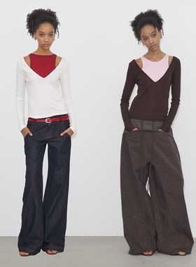 Grown Notold 撞色大V领拼接背心长袖修身长袖