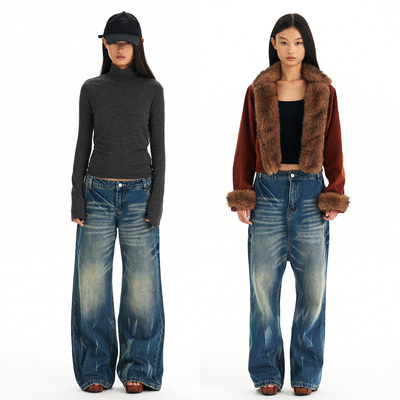 重工洗水猫须落裆直筒牛仔裤