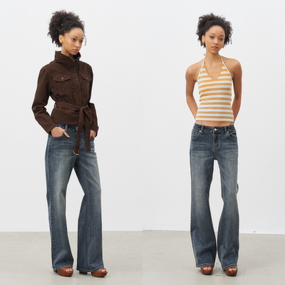 灰蓝色微喇洗水猫须牛仔长裤