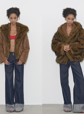 Grown Notold 两面穿*皮毛一体麂皮绒毛宽松慵懒廓形皮草连帽外套