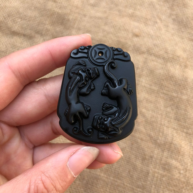 天然黑曜石招财双貔貅证书吊坠