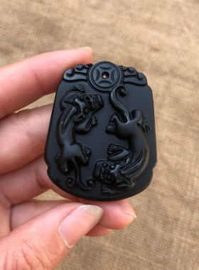 天然黑曜石招财双貔貅证书吊坠