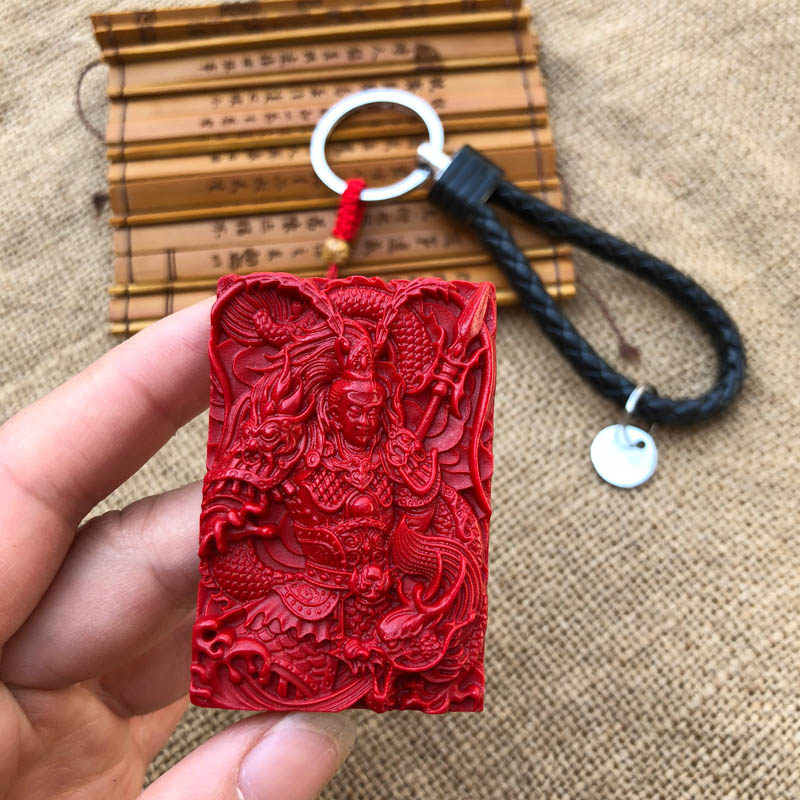 战神吕布钥匙扣台湾原色朱砂三国帝王红护身人物钥匙扣送证书