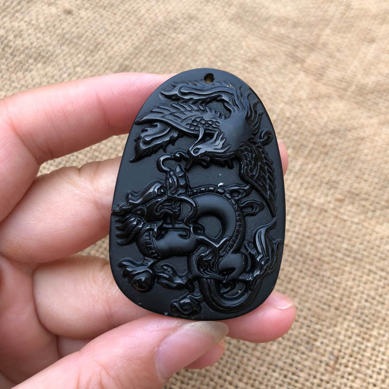 天然黑曜石凤舞情侣玉佩送证书