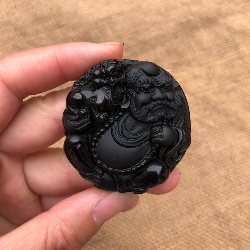 天然黑曜石圆牌达摩祖师证书吊坠