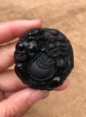 天然黑曜石圆牌达摩祖师证书吊坠