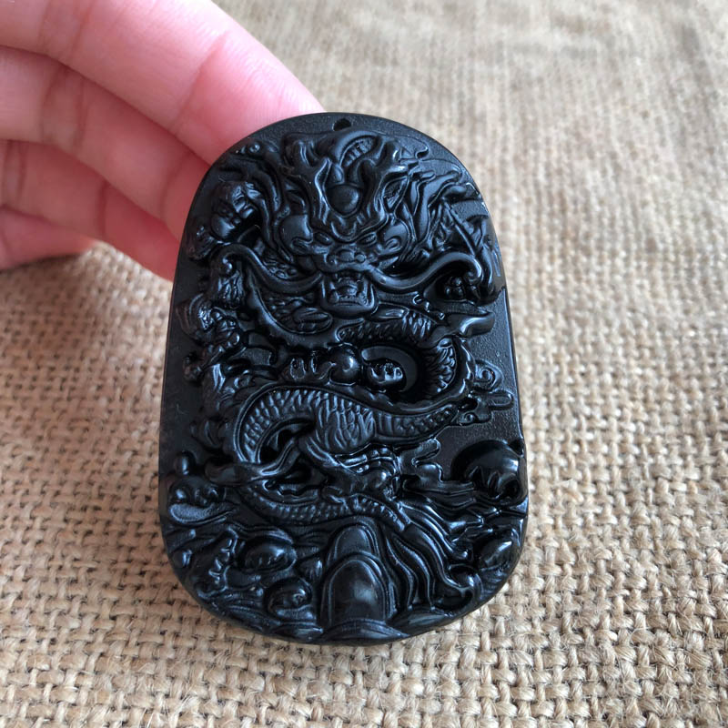 天然黑曜石玉佩祥龙戏珠证书吊坠