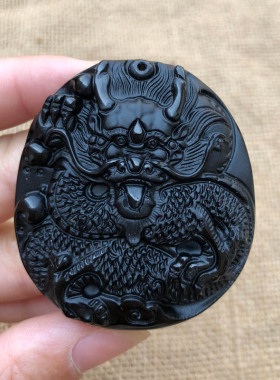天然黑曜石霸王龙玉佩证书吊坠