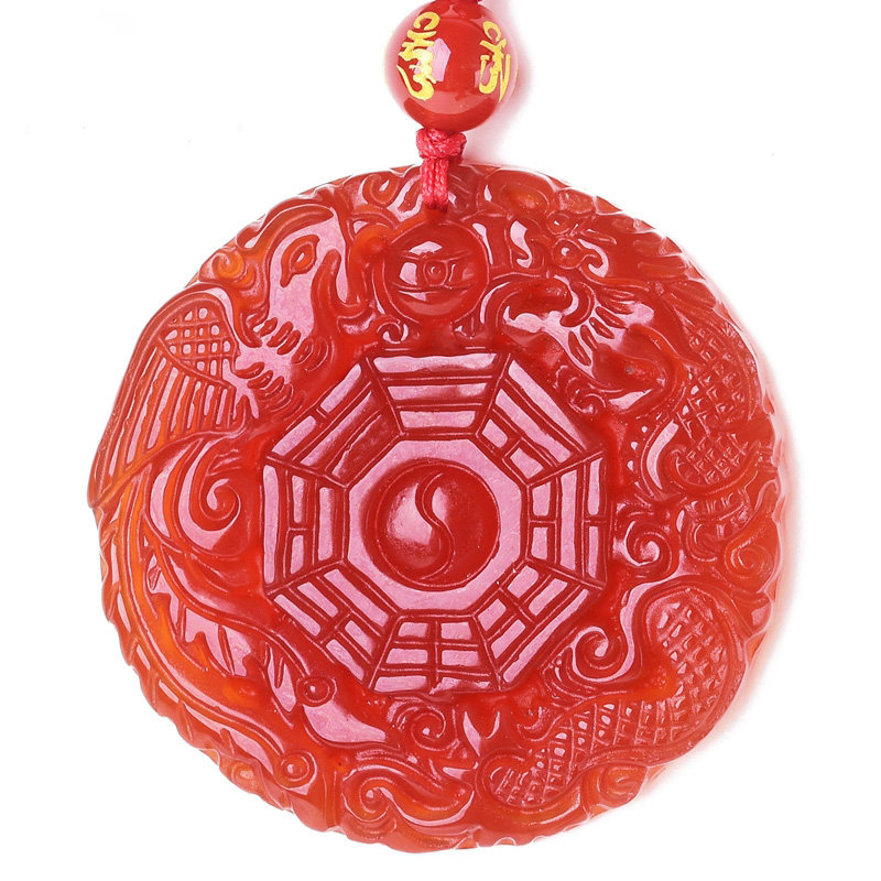 天然玛瑙龙凤呈祥八卦图吊坠红玉髓龙凤玉牌玉石挂件送证书