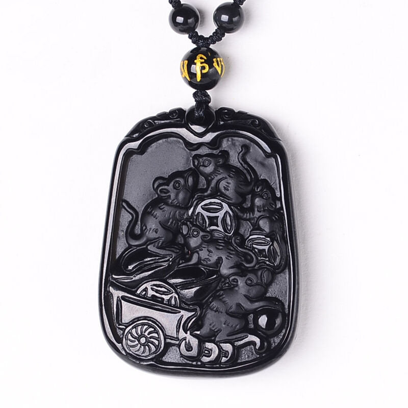 天然磨砂黑曜石五鼠拱福吊坠玉牌黑曜石五鼠运钱挂件送证书