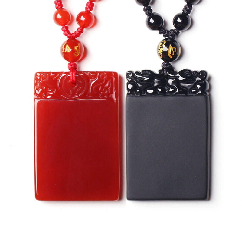 天然红玛瑙双貔貅平安无事牌吊坠黑曜石平安无事牌挂件送证书