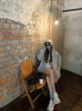 YAQING灰色韩系慵懒休闲外百搭高级感女宽松连帽显瘦修身卫衣外套