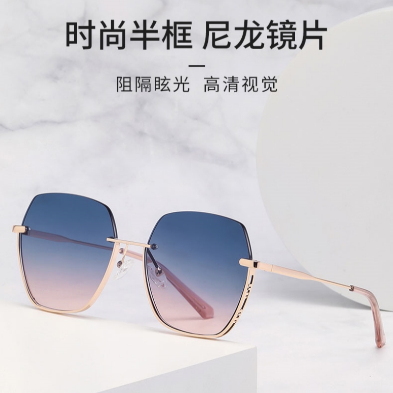 半框太阳镜女时尚彩色渐变多边大框修颜显瘦眼镜遮阳防晒尼龙墨镜