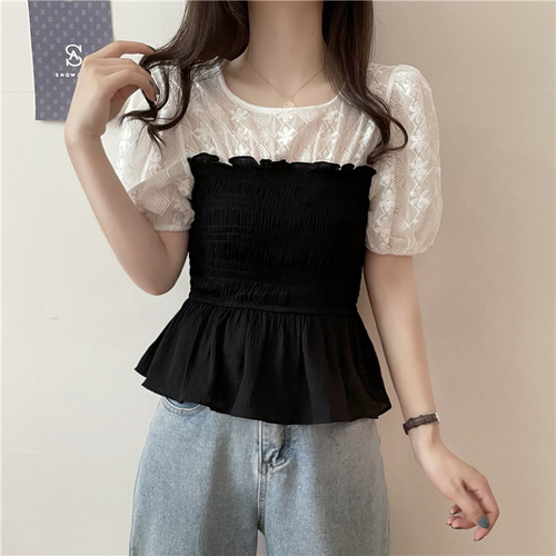 Real price and real shooting ~ New Summer stitching pleated waist with thin bubble sleeve shirt for women