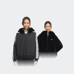 阿迪达斯运动休闲女子双面穿人造毛皮保暖连帽夹克外套