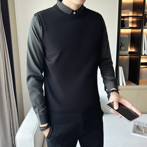 秋季假两件拼接套头毛衣男士修身针织衫 M1802-P85（加绒款P105）图片