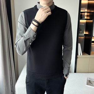 秋季假两件拼接套头毛衣男士修身针织衫 M1802-P85（加绒款P105）图片