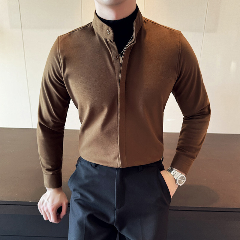 24/秋冬英伦风假两件拼接立领衬衣男商务修身毛呢衬衫M-P80，男装衬衫，星座301D-6