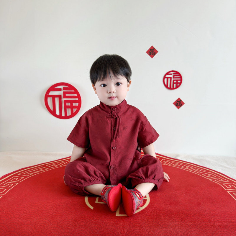 大牌折扣周岁男宝礼服夏季套装一岁男宝宝男孩抓周宴生日衣服红色