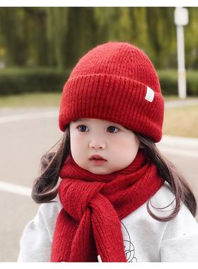 2024新款儿童帽子围巾两件套新年红色套装冬季亲肤保暖可爱针织帽