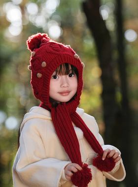 儿童针织帽女童帽子红色护耳帽冬季保暖宝宝毛球帽子围巾一体新年