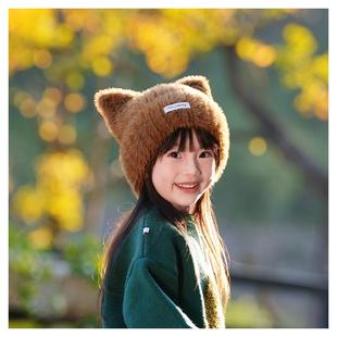 冬季儿童毛绒帽子敲可爱猫耳朵女孩针织帽男童2025新款防风保暖帽
