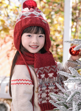 女宝宝冬帽费尔岛风针织帽子围巾两件套保暖加厚红色毛线帽新款