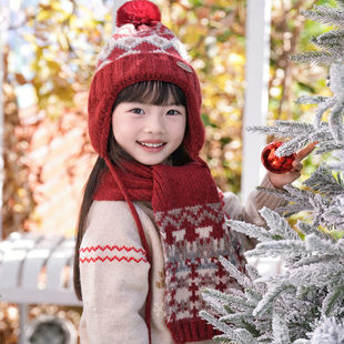 女宝宝冬帽费尔岛风针织帽子围巾两件套保暖加厚红色毛线帽新款