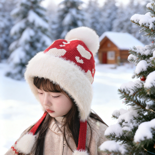 儿童帽子国风爱心针织护耳毛线帽女宝宝秋冬加绒加厚保暖毛球帽子