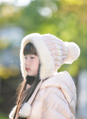 快乐校园儿童帽子秋冬季新款保暖一体帽护耳套头防风加绒女童帽子