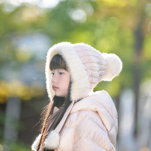 快乐校园儿童帽子秋冬季新款保暖一体帽护耳套头防风加绒女童帽子