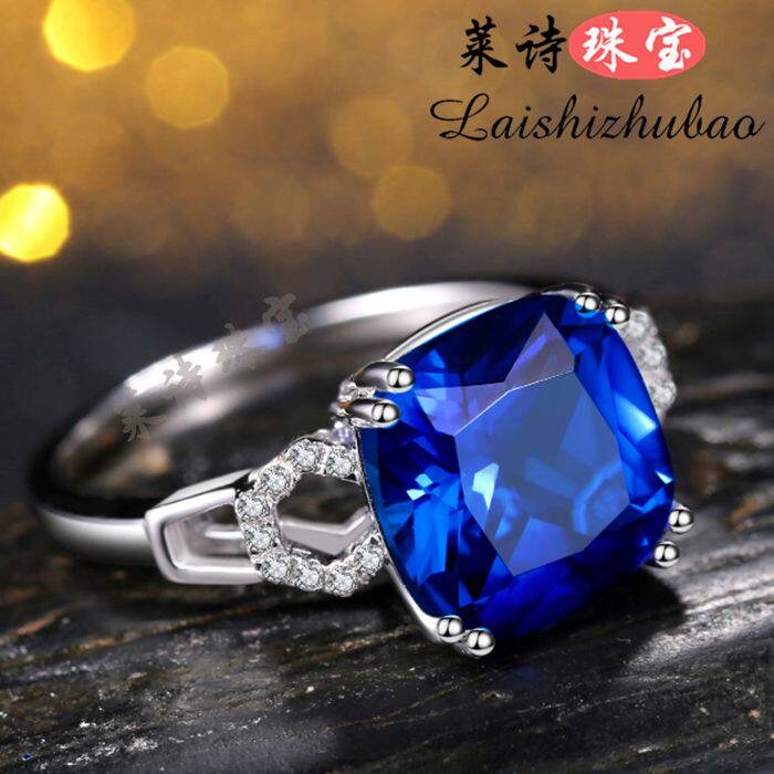 蓝宝石戒指欧美彩宝指环纯银镀18K金镶嵌坦桑石彩色宝石银饰品