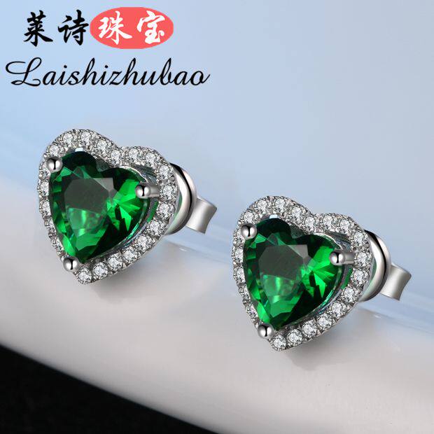 祖母绿耳钉女款日韩版彩色宝石耳环925纯银镀18k金彩宝耳饰银饰品