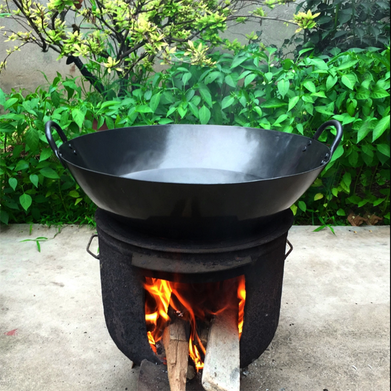 手工锻打双耳大铁锅农村老地锅柴火锅圆底无涂层熟铁锅燃气灶适用