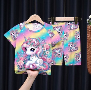 独角兽儿童家居服夏季薄款睡衣女童宝宝短袖套装夏彩虹马孩子童装