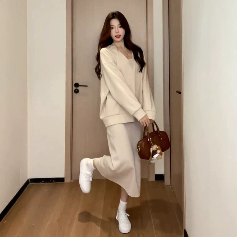 慵懒连帽卫衣套装半身裙三件套女