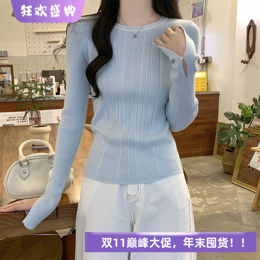 秋季2026年新款韩版气质开叉袖口设计感修身针织衫打底毛衣女上衣