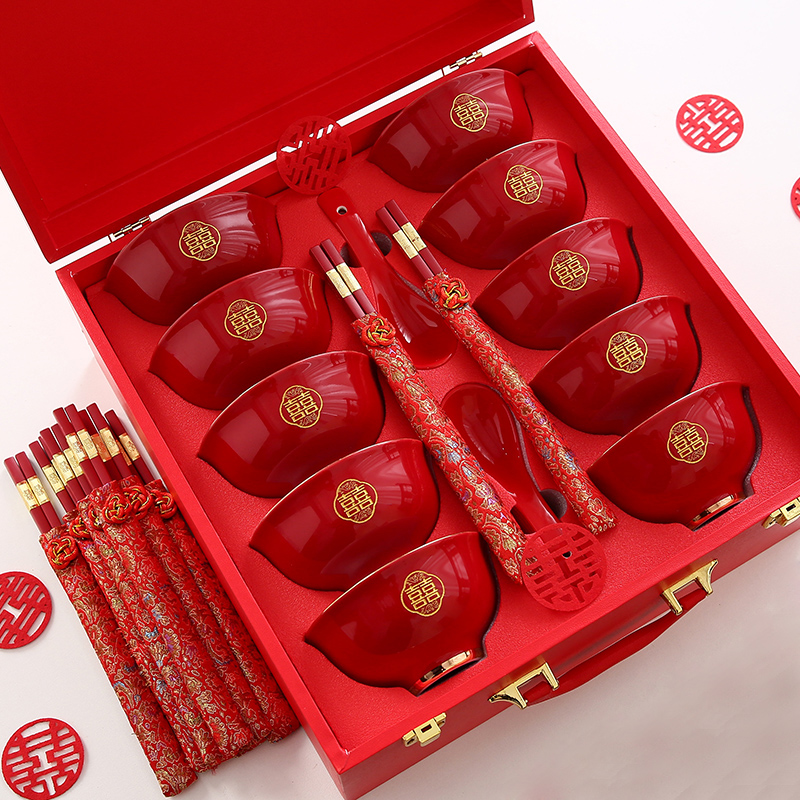 中式新婚喜碗筷套装一对10个礼盒