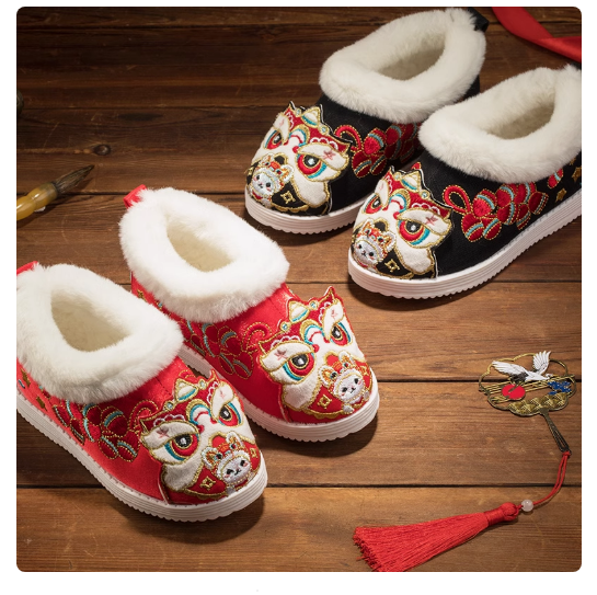 汉服鞋子女童冬季虎头鞋加绒宝宝鞋古风老北京绣花棉鞋儿童拜年鞋