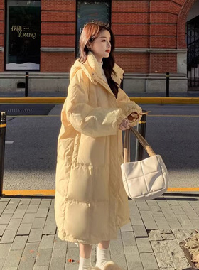 奶fufu淡黄色羽绒棉服加长款2025冬季新款连帽加厚过膝小个子外套