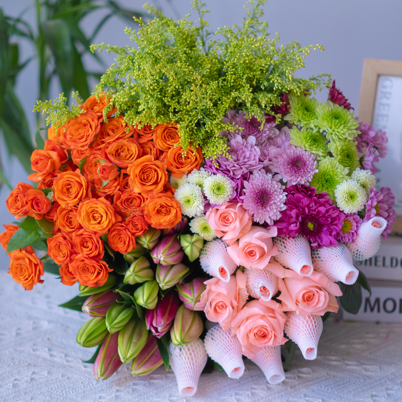 【基地鲜花】粉玫10枝+百合5朵+混色小雏菊+多头玫瑰+配草鲜切花