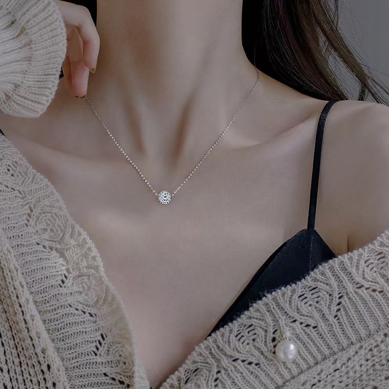 纯银项链女999足银幸运珠锁骨链简约一粒球吊坠闪亮女生送女友