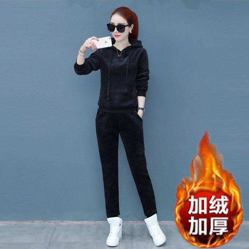 秋冬款金丝绒加绒加厚休闲运动服女长袖保暖连帽卫衣束脚裤两件套