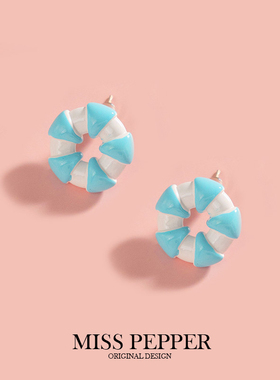 蓝色沙滩游泳圈耳钉小众设计感高级轻奢气质耳环2025新款度假耳饰